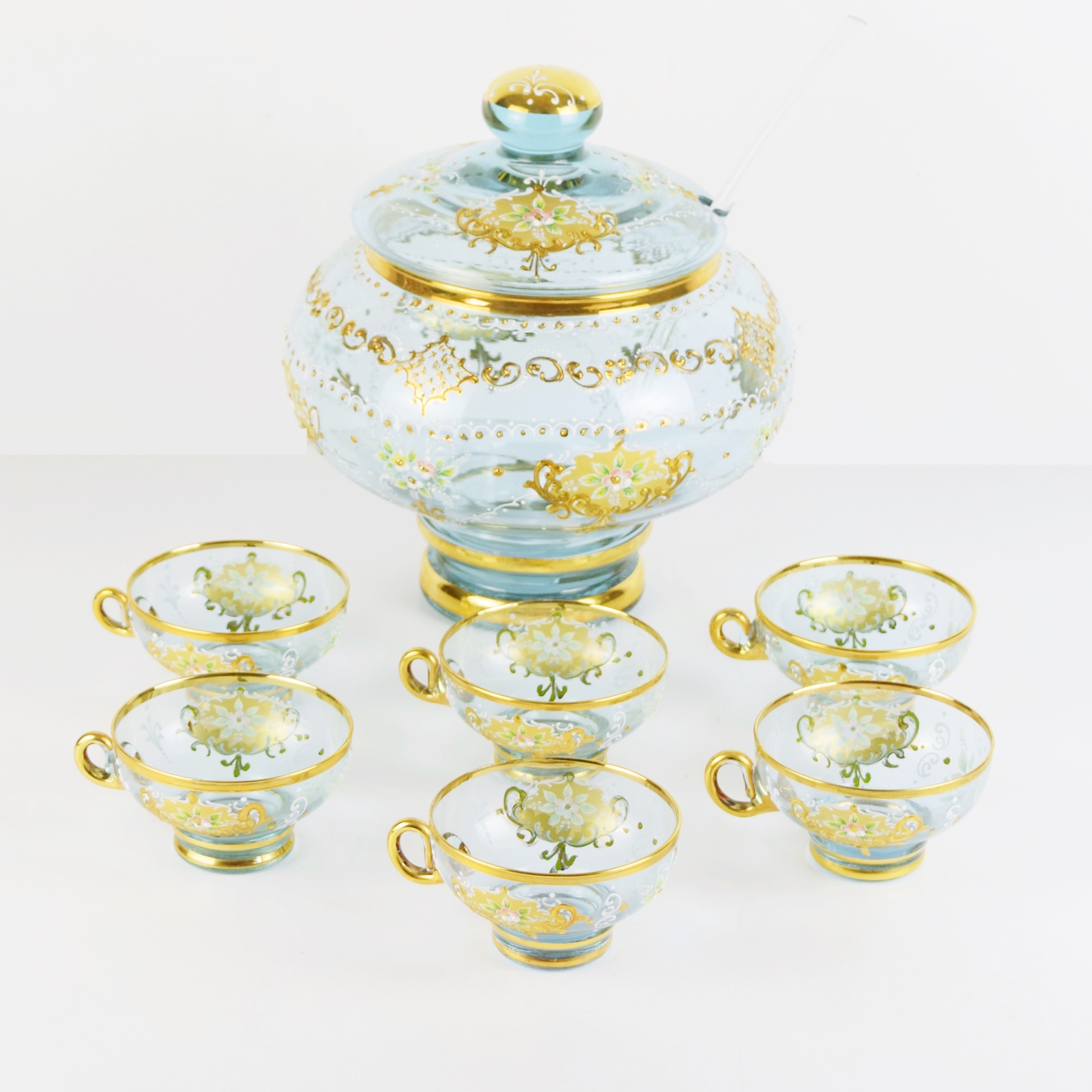 Neodymium/Alexandrite Murano Glass Punch Bowl and Cups, Signed