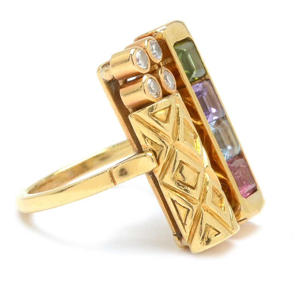 18K Yellow Gold Tourmaline, Amethyst, Aquamarine, Diamond Fashion Ring