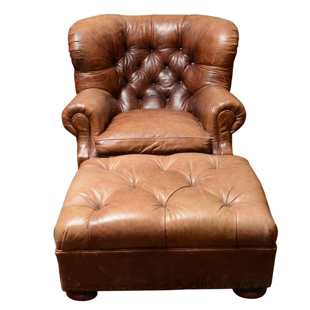Ralph Lauren Button Tucked Leather Arm Chair and Ottoman