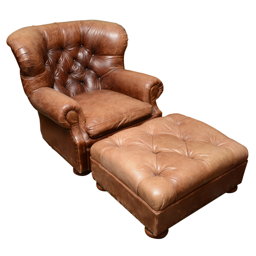 Ralph Lauren Button Tucked Leather Arm Chair and Ottoman