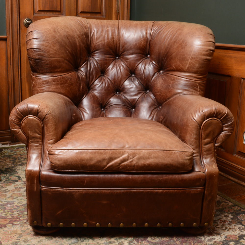 Ralph Lauren Button Tucked Leather Arm Chair and Ottoman