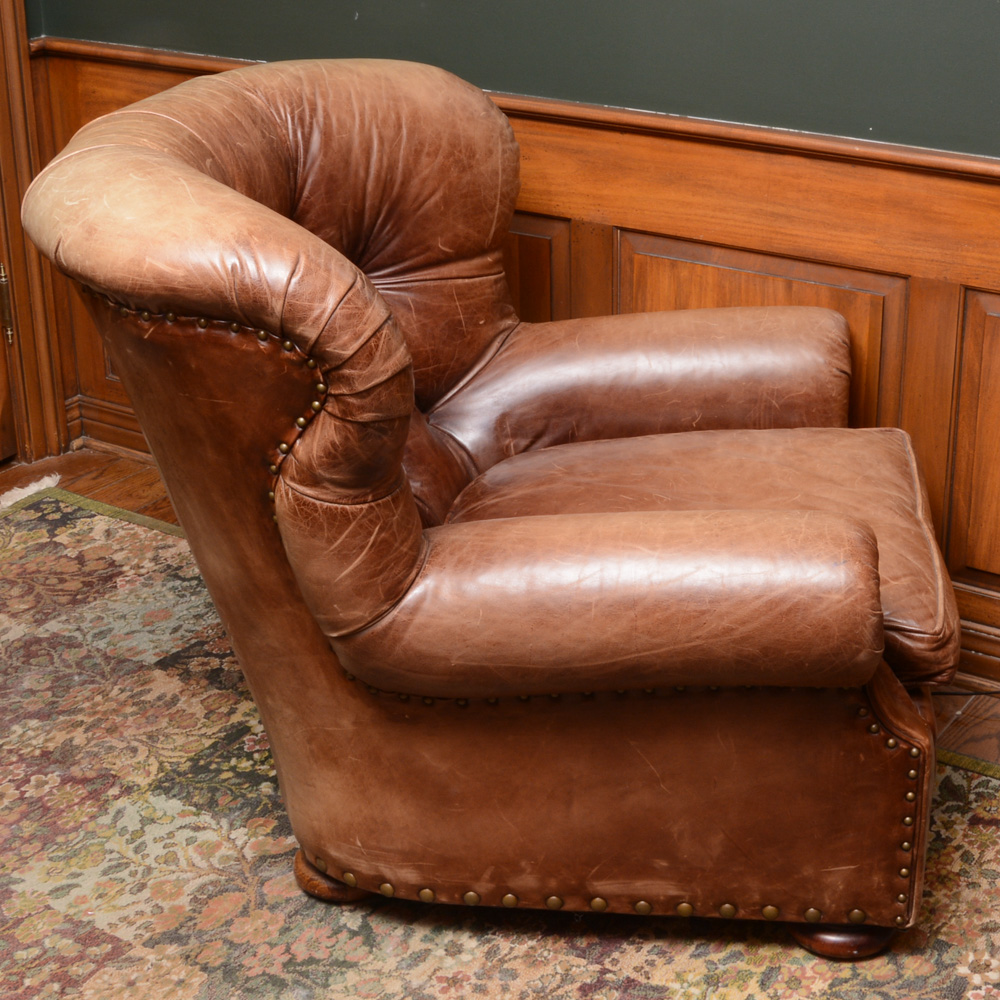 Ralph Lauren Button Tucked Leather Arm Chair and Ottoman