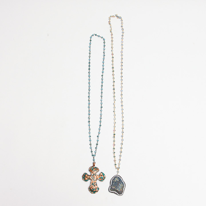 Beaded Crystal Pendant Necklaces with Copper Cross