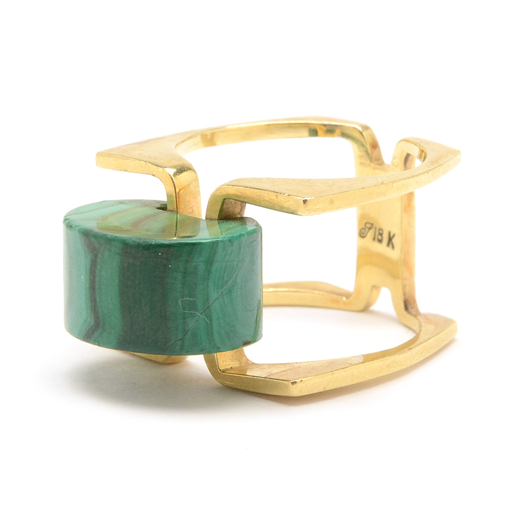 18K Yellow Gold Modernist Natural Malachite Ring