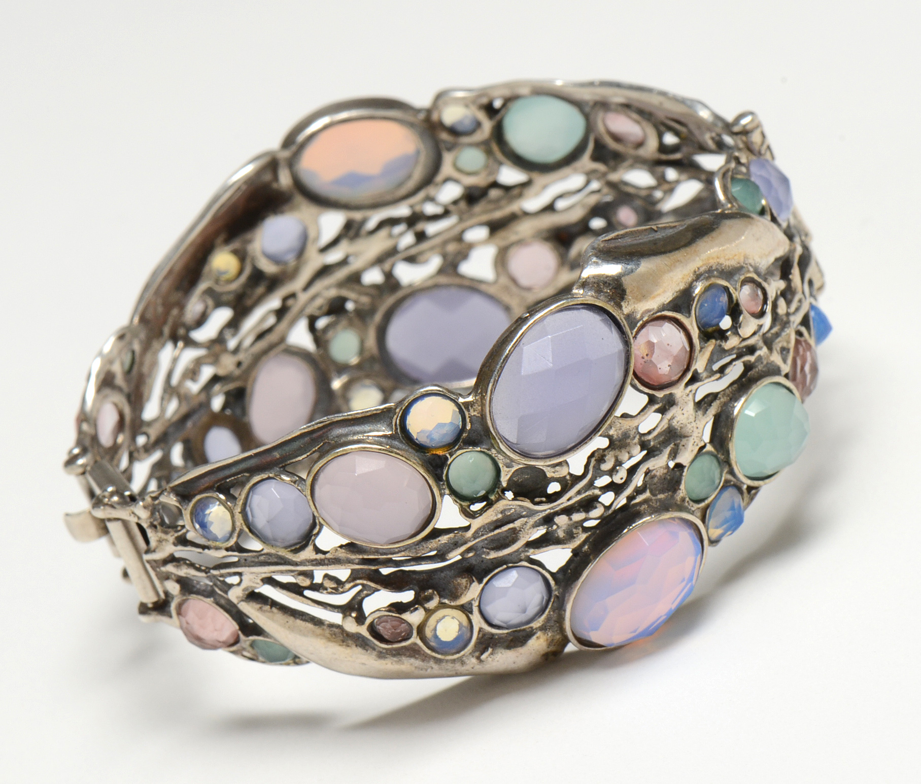 Sterling Silver Poran Gaaton Hinged Cuff with Synthetic Stones
