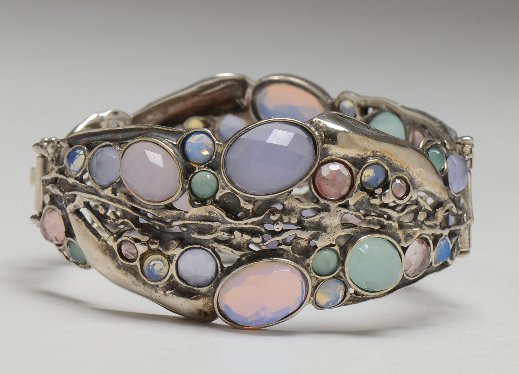 Sterling Silver Poran Gaaton Hinged Cuff with Synthetic Stones