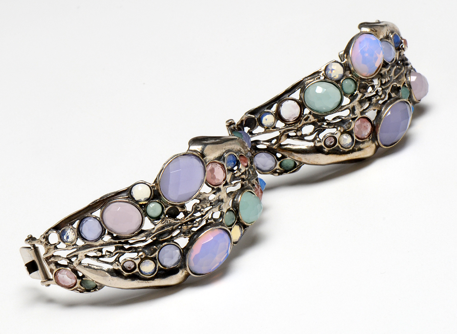 Sterling Silver Poran Gaaton Hinged Cuff with Synthetic Stones