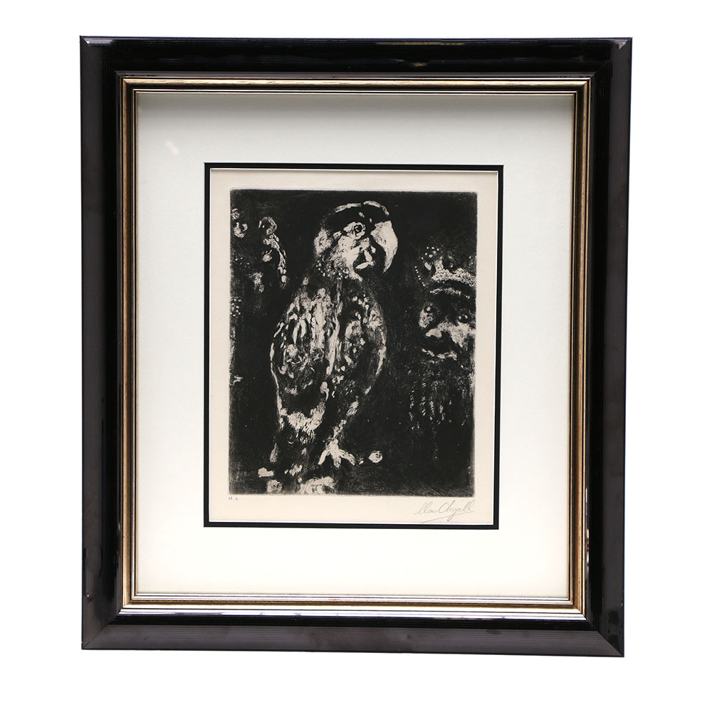 Marc Chagall Etching "The Two Parrots, The King, and The Son"