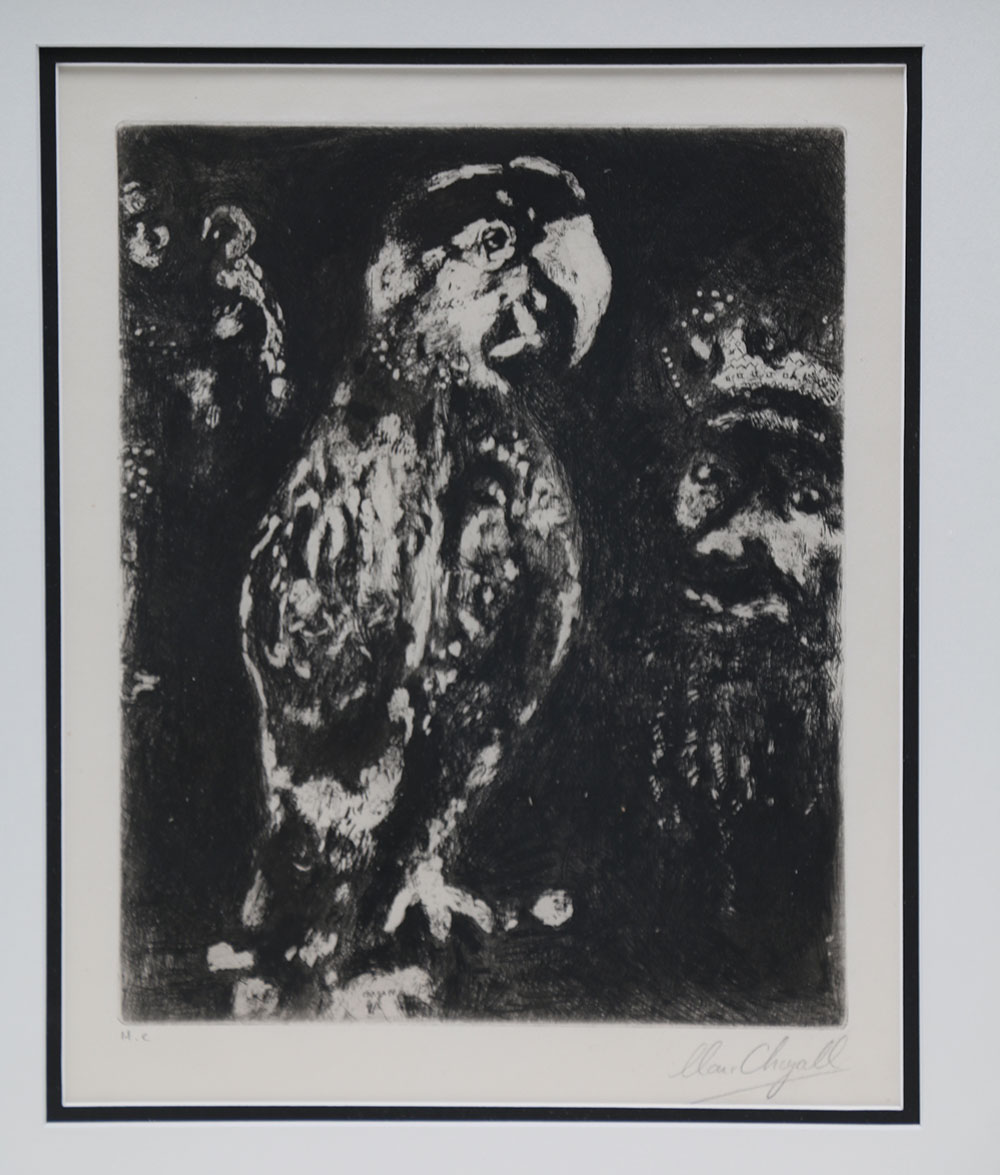 Marc Chagall Etching "The Two Parrots, The King, and The Son"