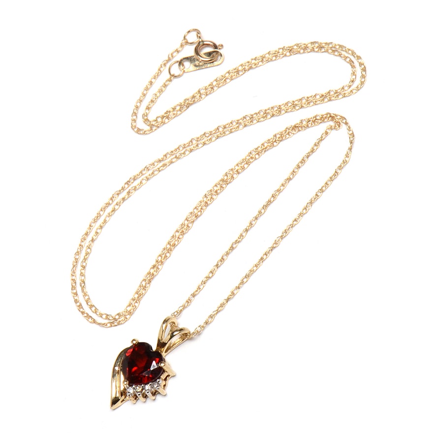 10K Yellow Gold Garnet Diamond Heart Pendant Necklace