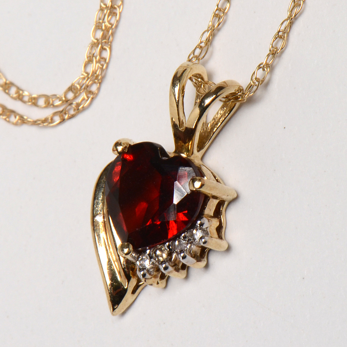 10K Yellow Gold Garnet Diamond Heart Pendant Necklace