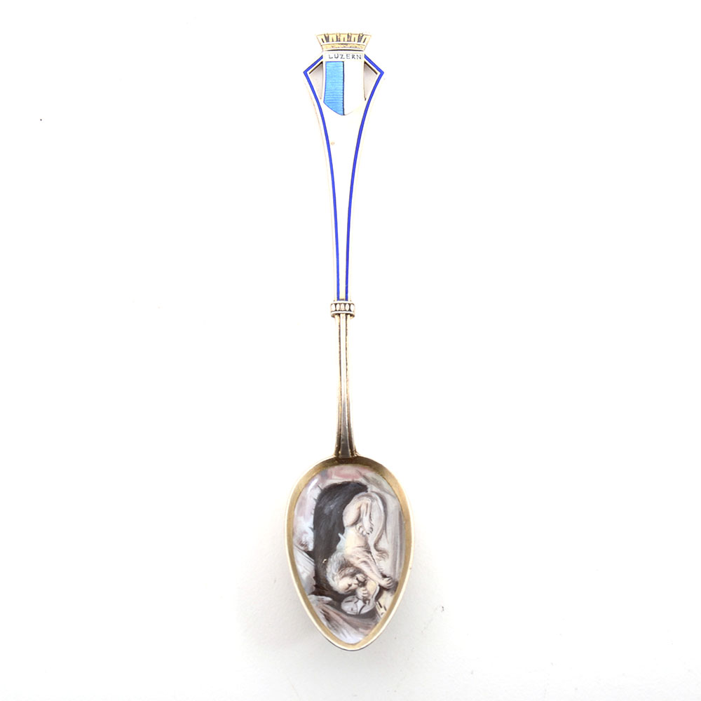 Hand-Painted 800 Silver Enamel Lion of Lucerne Souvenir Spoon
