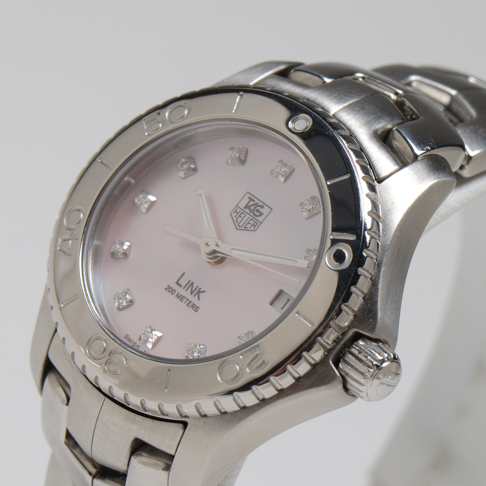 Women's Tag Heuer Link Factory Pink Mother of Pearl Diamond Dial Stainless Steel Quartz Watch