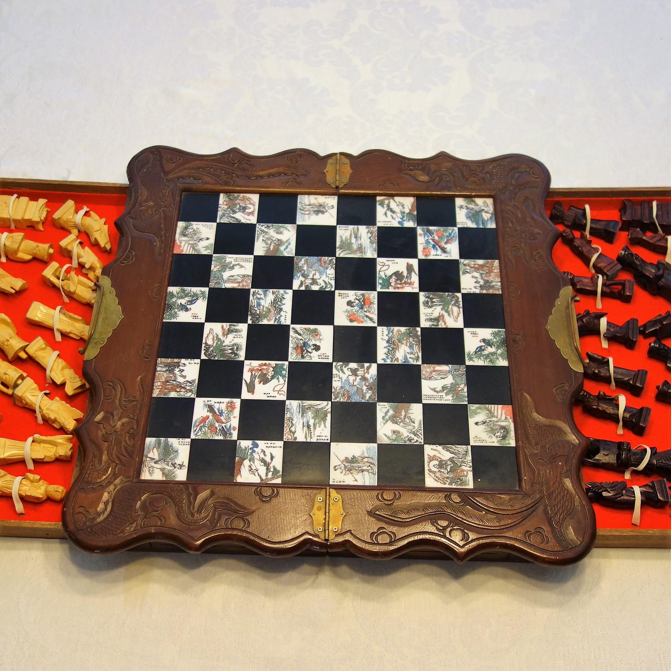 Vintage Chinese Carved Wooden Chess Set