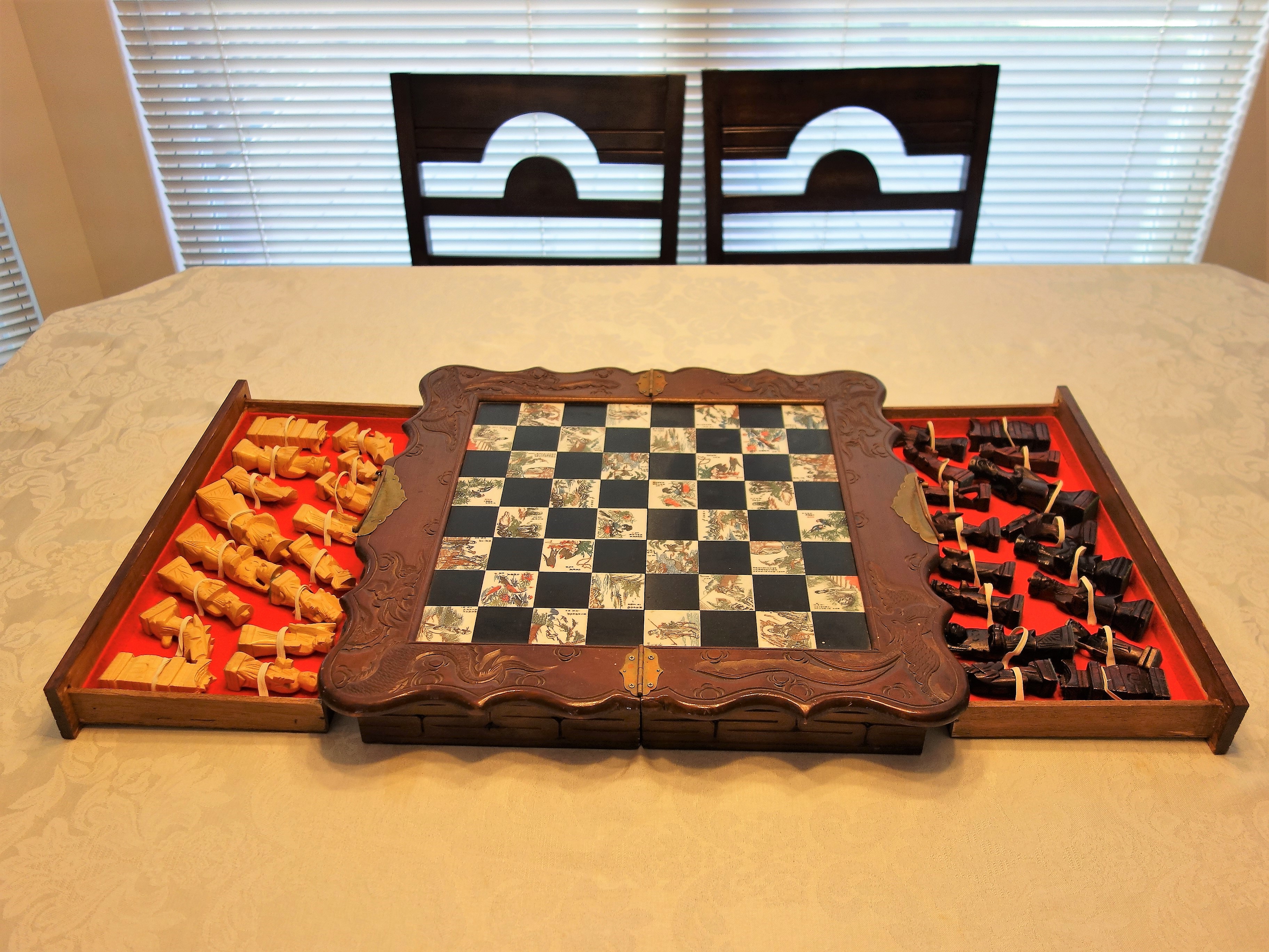 Vintage Chinese Carved Wooden Chess Set