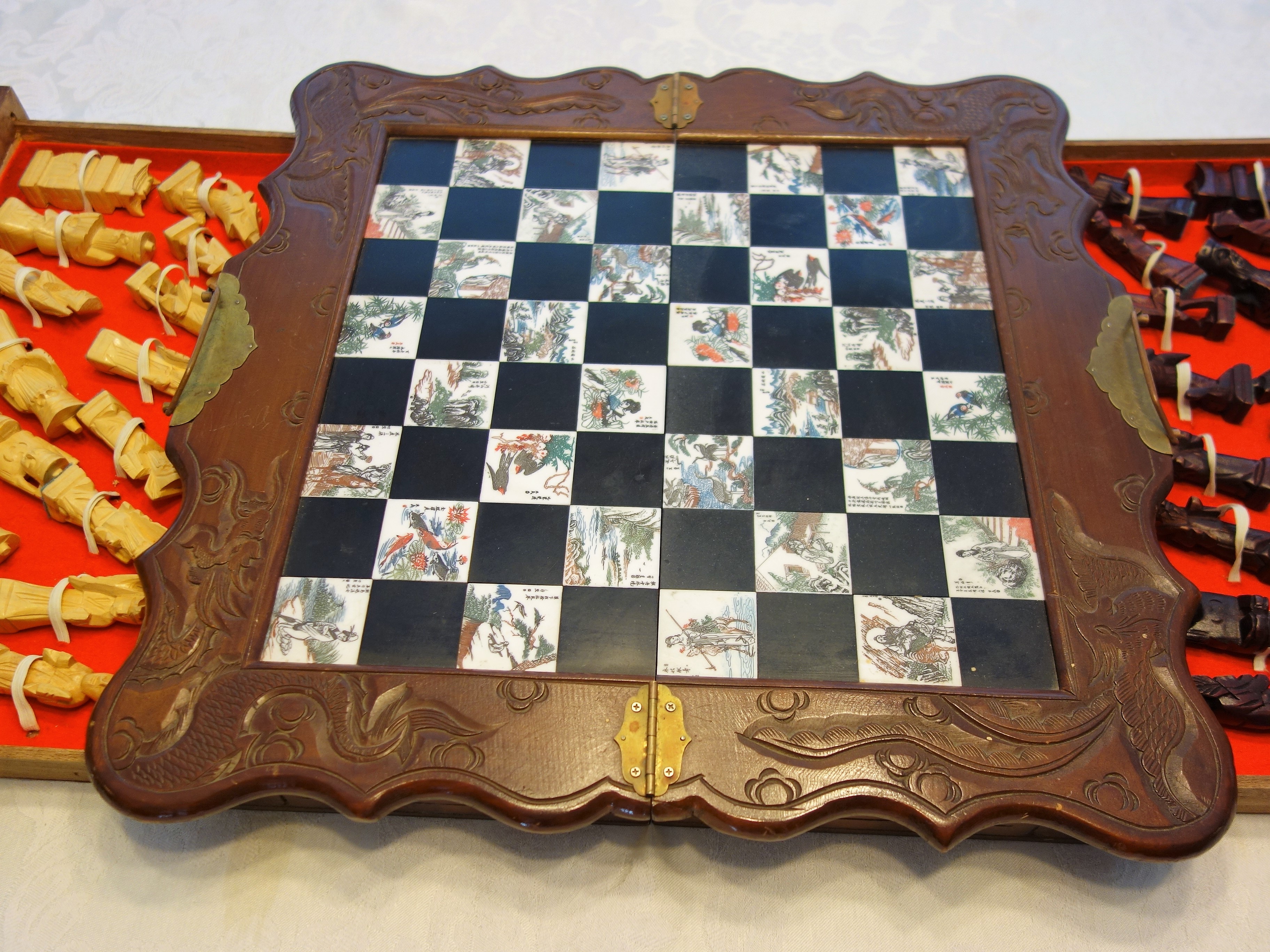 Vintage Chinese Carved Wooden Chess Set