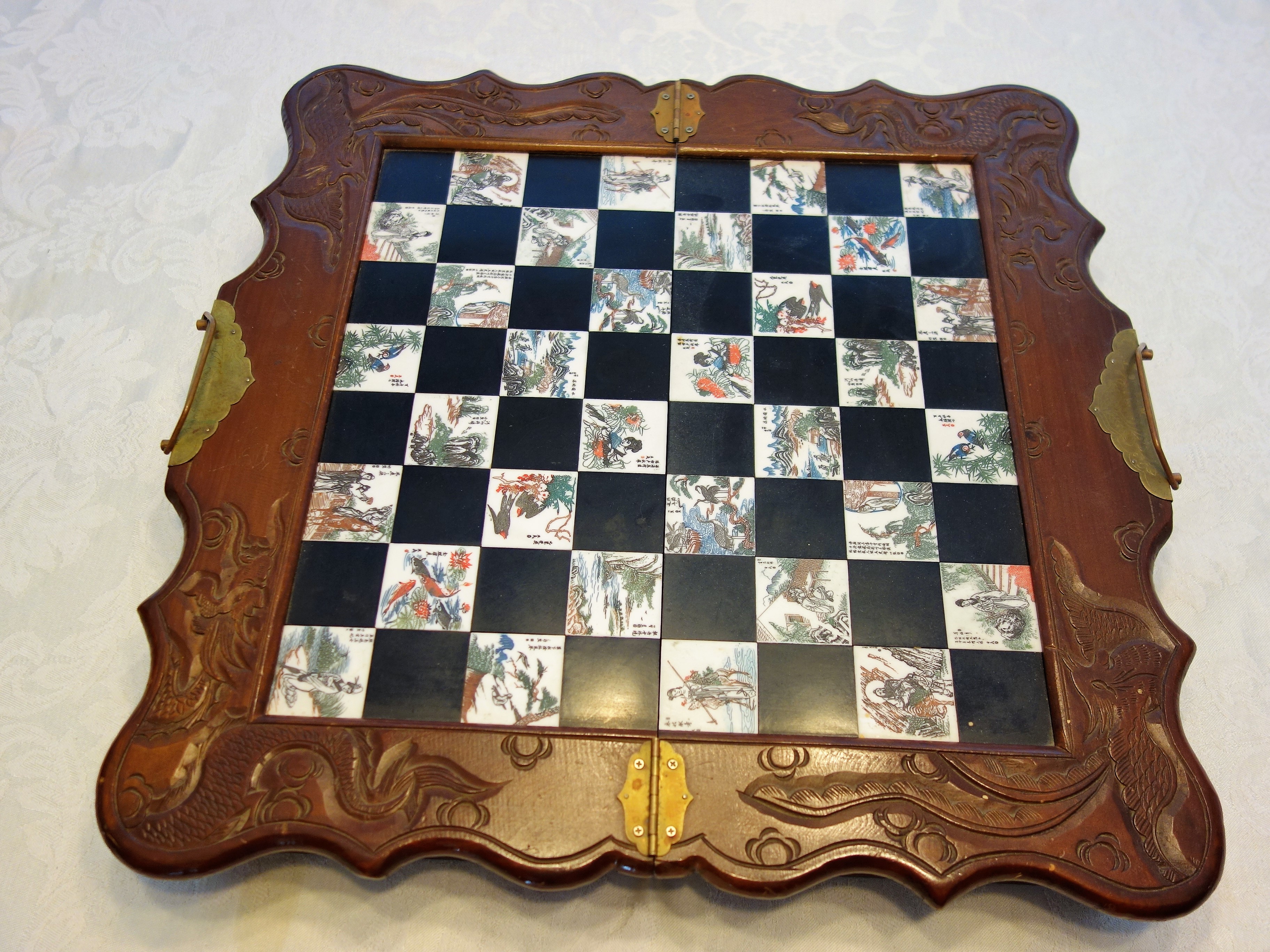 Vintage Chinese Carved Wooden Chess Set
