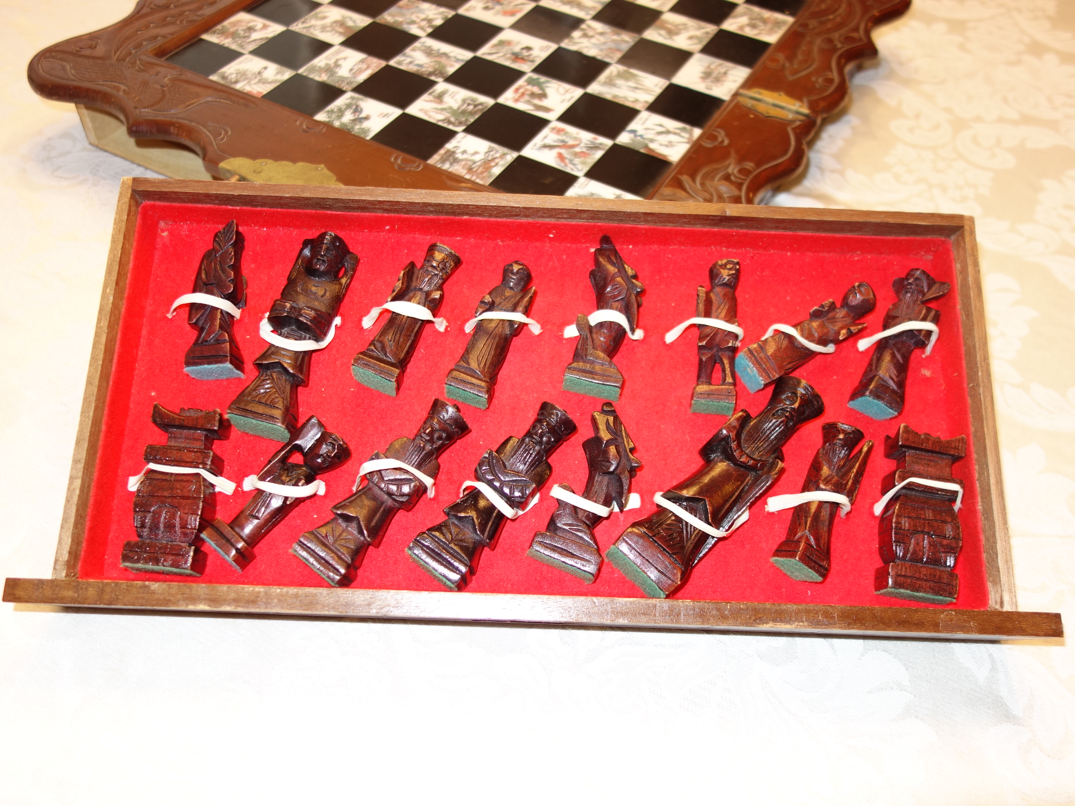 Vintage Chinese Carved Wooden Chess Set