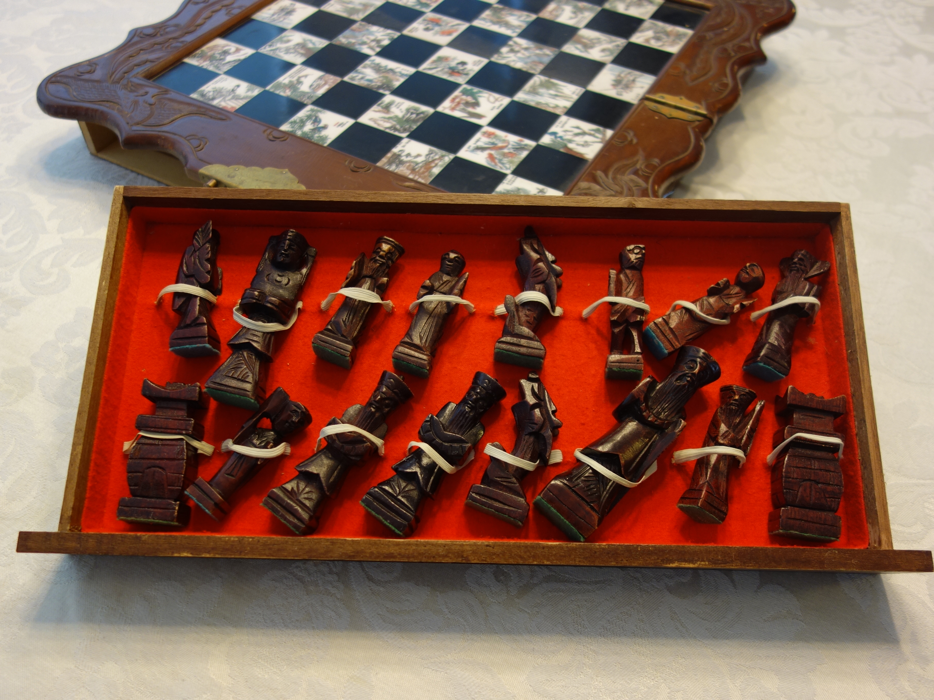 Vintage Chinese Carved Wooden Chess Set