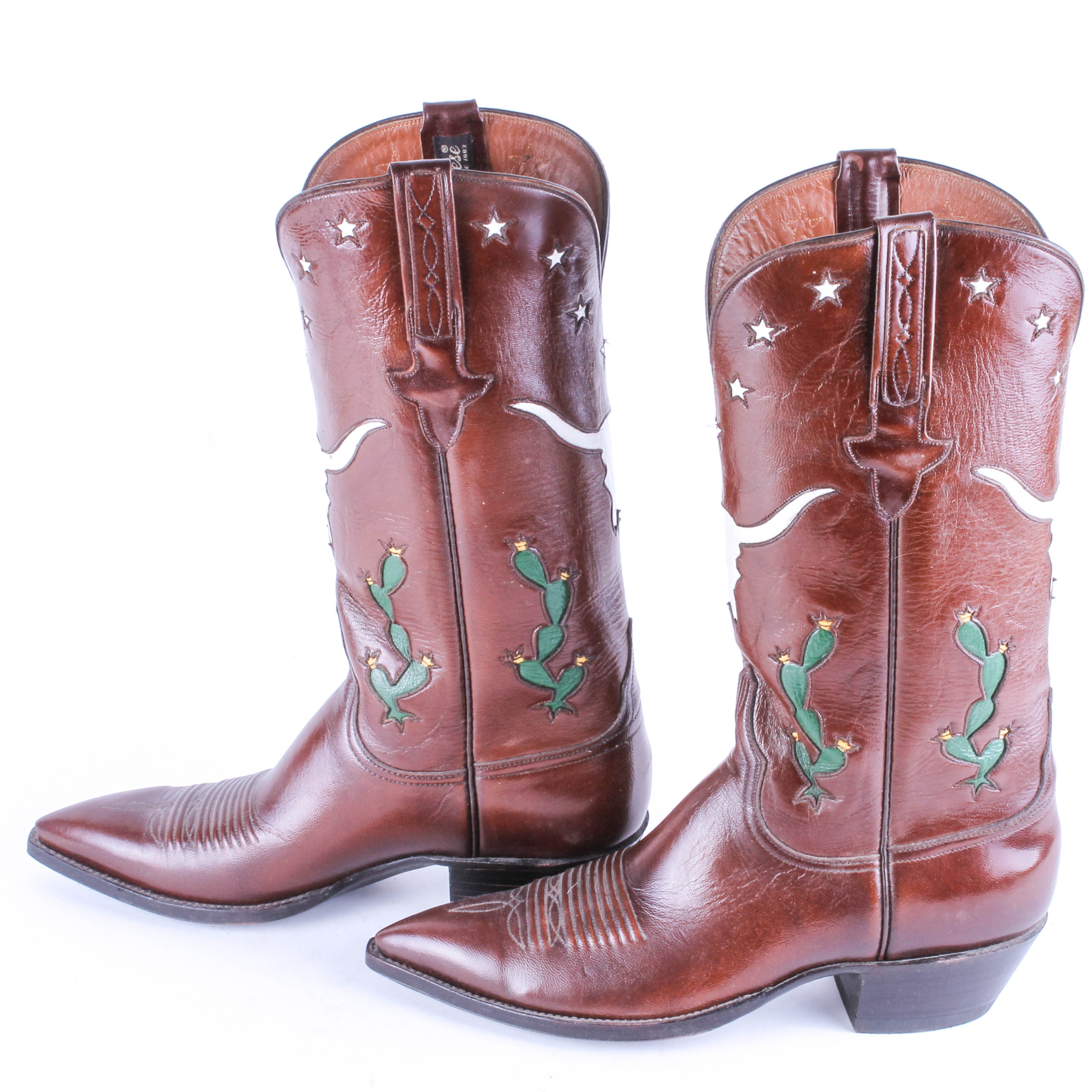 Men's Lucchese Leather Boots with Longhorn and Cacti Designs