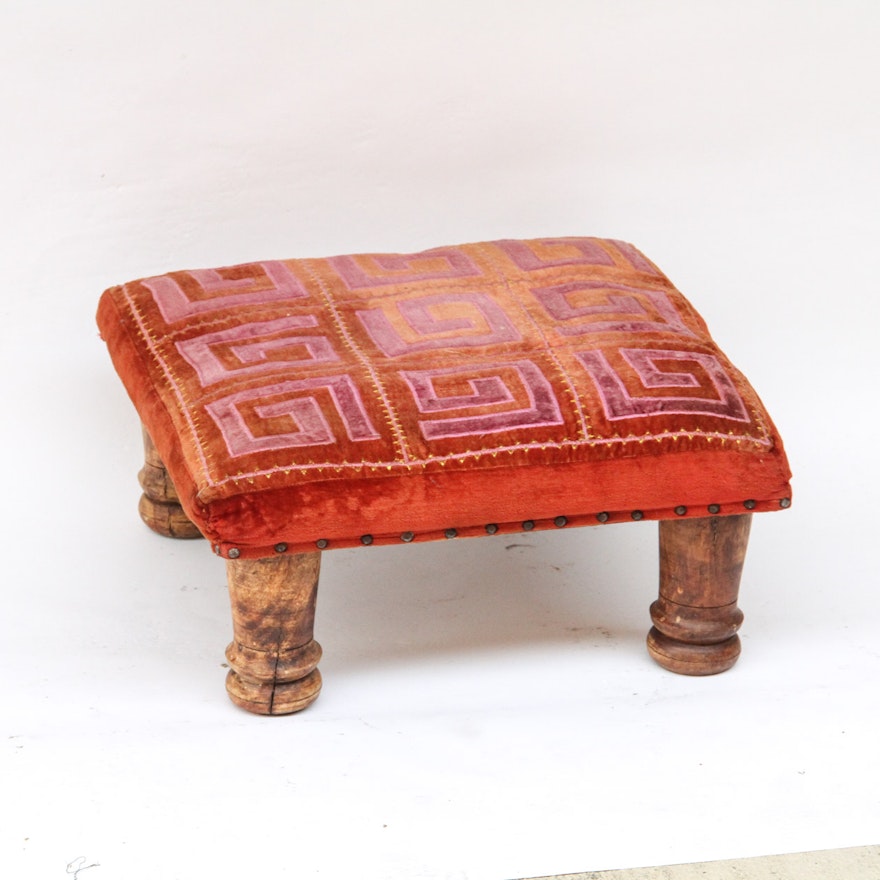 Vintage Footstool with Greek Key Upholstery