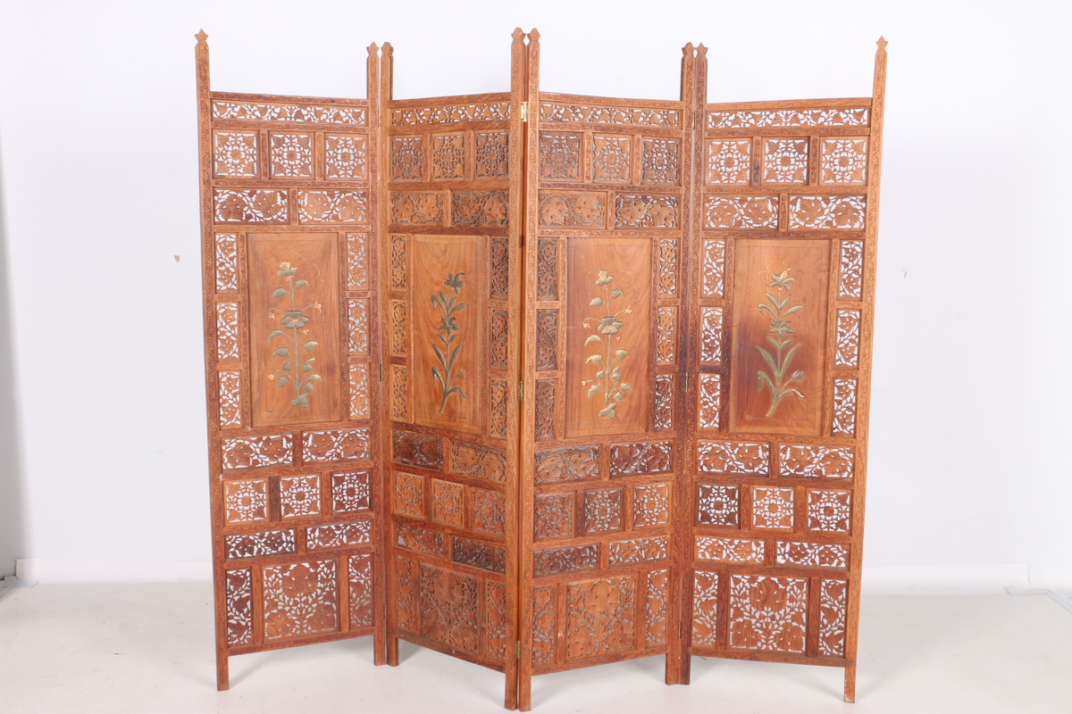 Indian Carved Wood Folding Screen