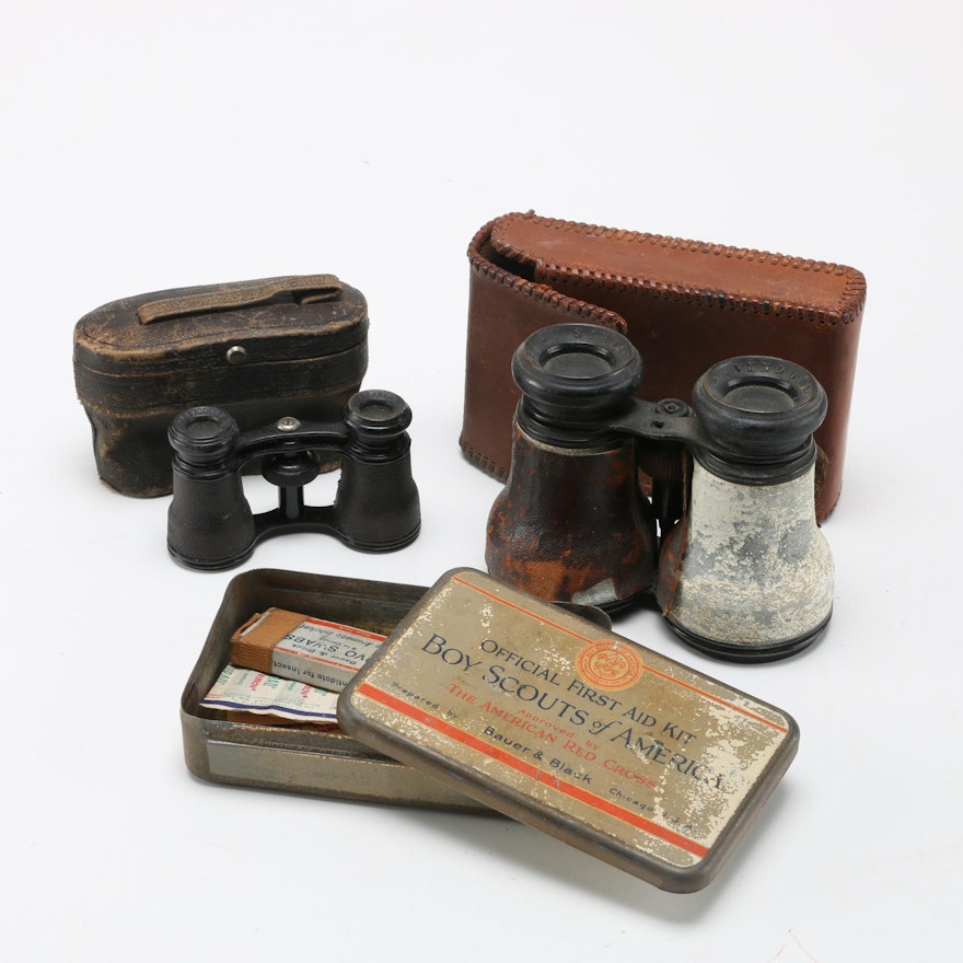 Vintage Boy Scouts First Aid Kit and Binoculars