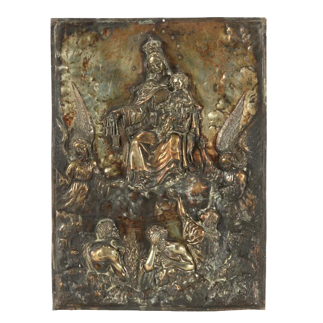 Vintage Hanging Metal Relief Plaque of Madonna and Child