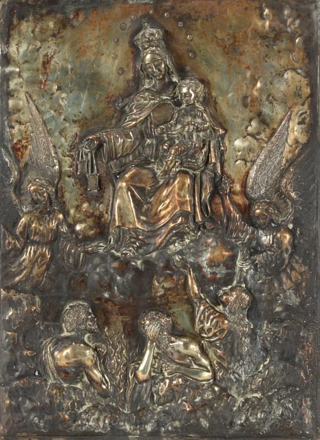 Vintage Hanging Metal Relief Plaque of Madonna and Child