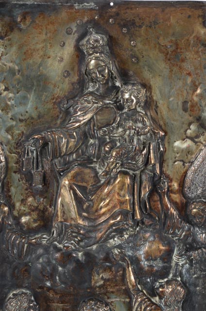 Vintage Hanging Metal Relief Plaque of Madonna and Child