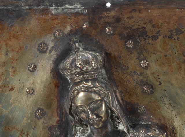 Vintage Hanging Metal Relief Plaque of Madonna and Child