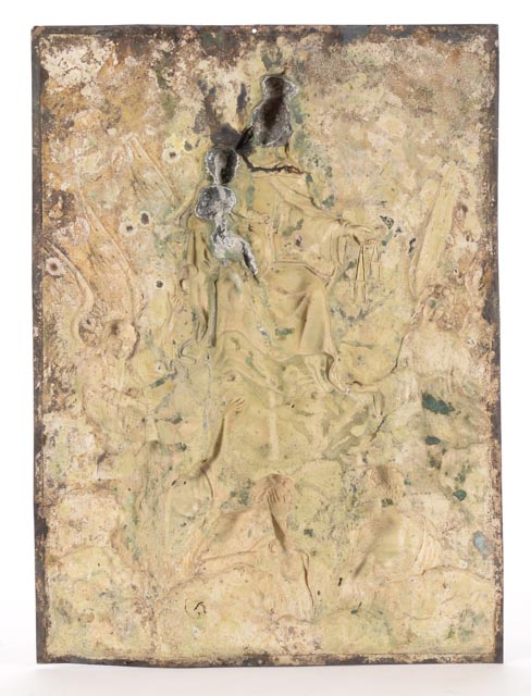 Vintage Hanging Metal Relief Plaque of Madonna and Child