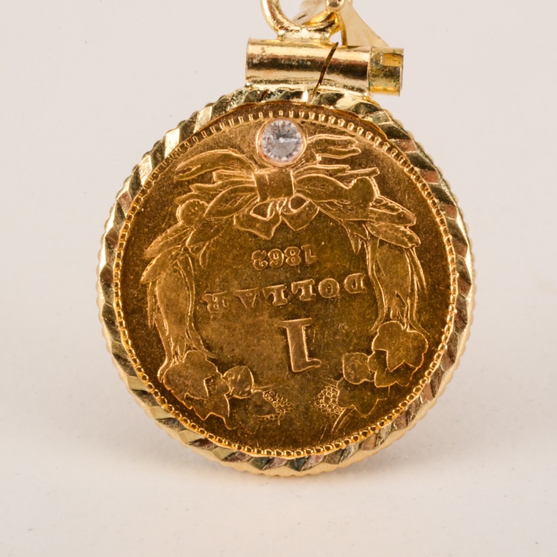 1862 Indian Head Princess $1 Gold Coin Pendant with diamond