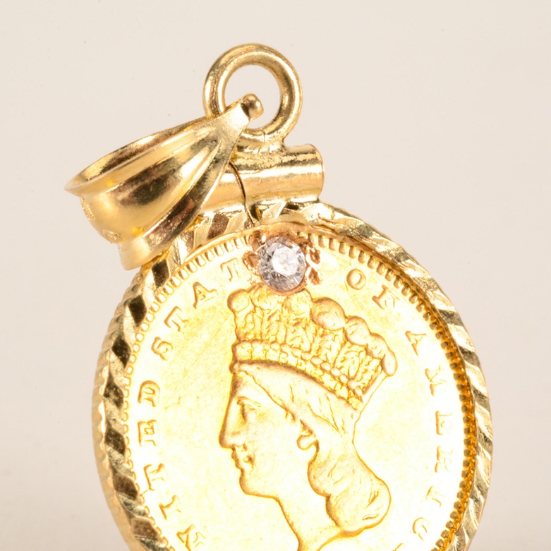 1862 Indian Head Princess $1 Gold Coin Pendant with diamond