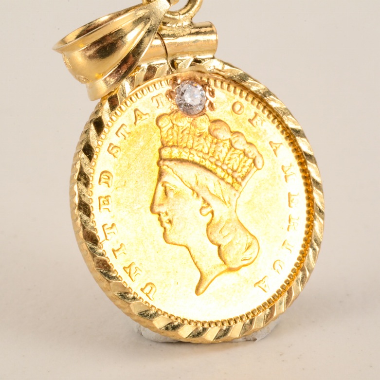 1862 Indian Head Princess $1 Gold Coin Pendant with diamond