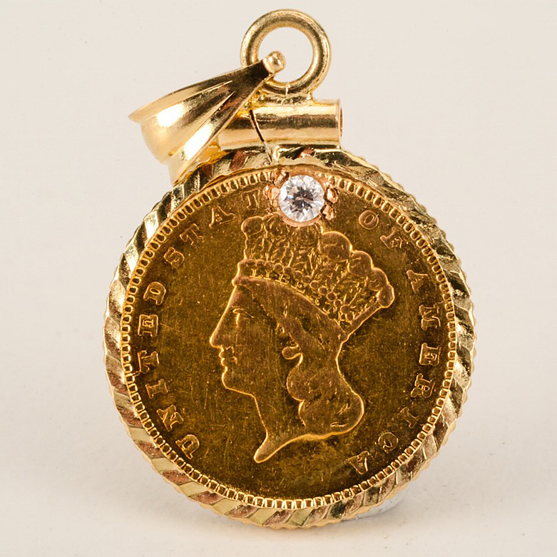 1862 Indian Head Princess $1 Gold Coin Pendant with diamond