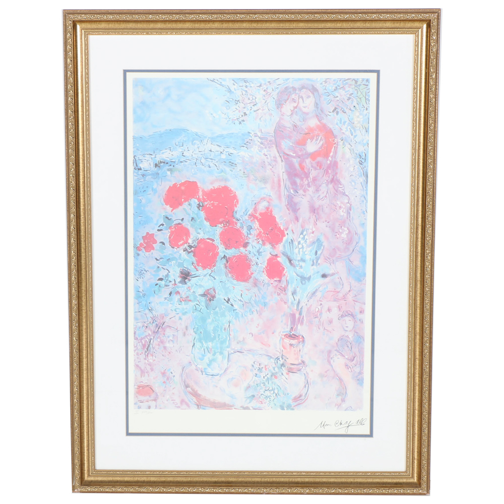 Limited Edition Offset Lithograph After Marc Chagall "Red Bouquet With Lovers"
