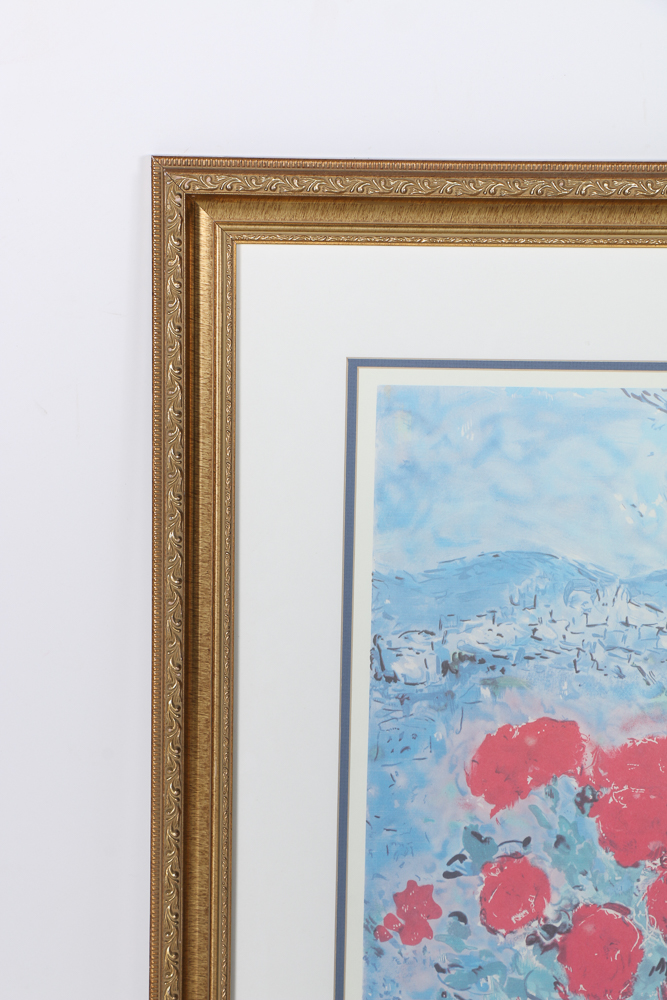 Limited Edition Offset Lithograph After Marc Chagall "Red Bouquet With Lovers"