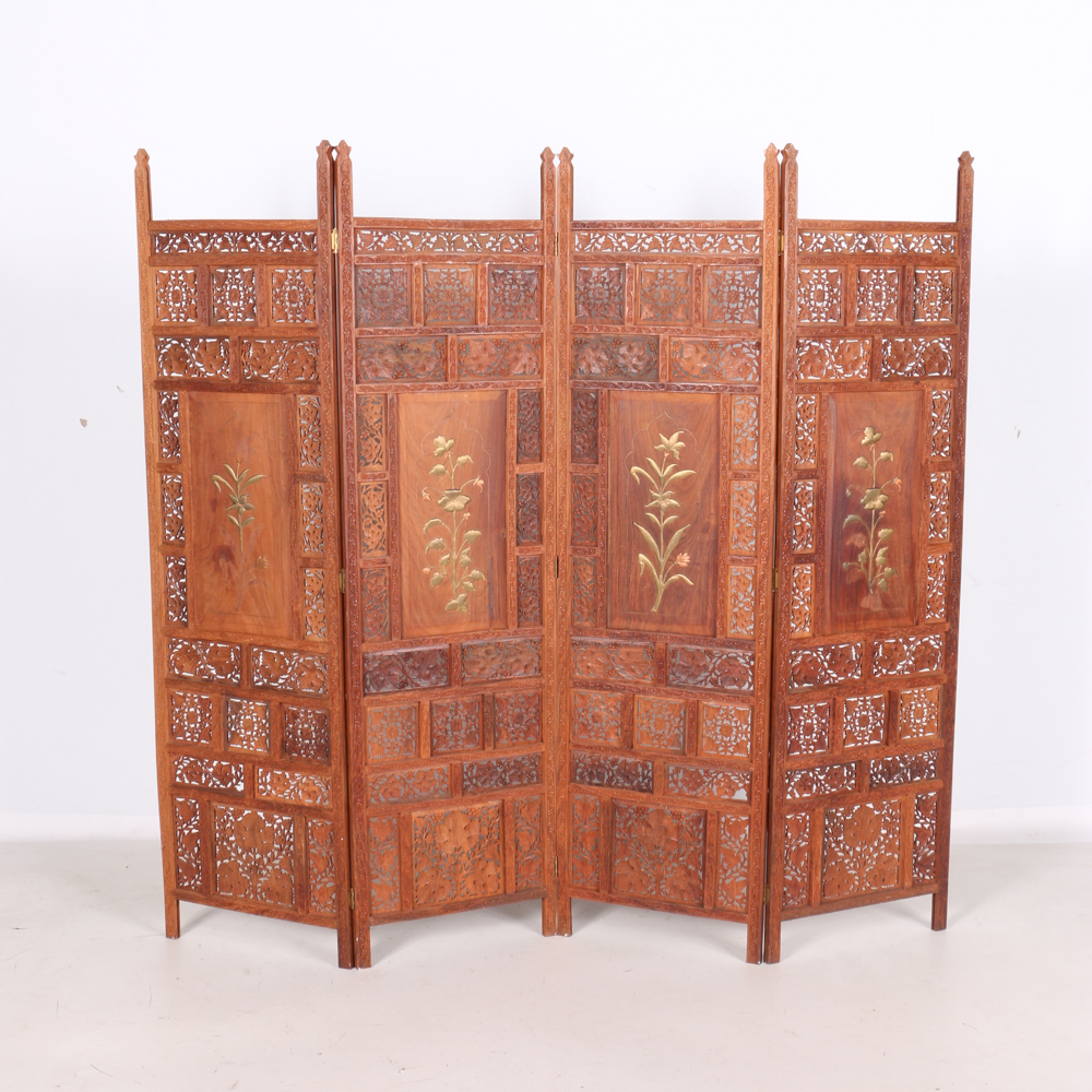 Indian Carved Wood Folding Screen