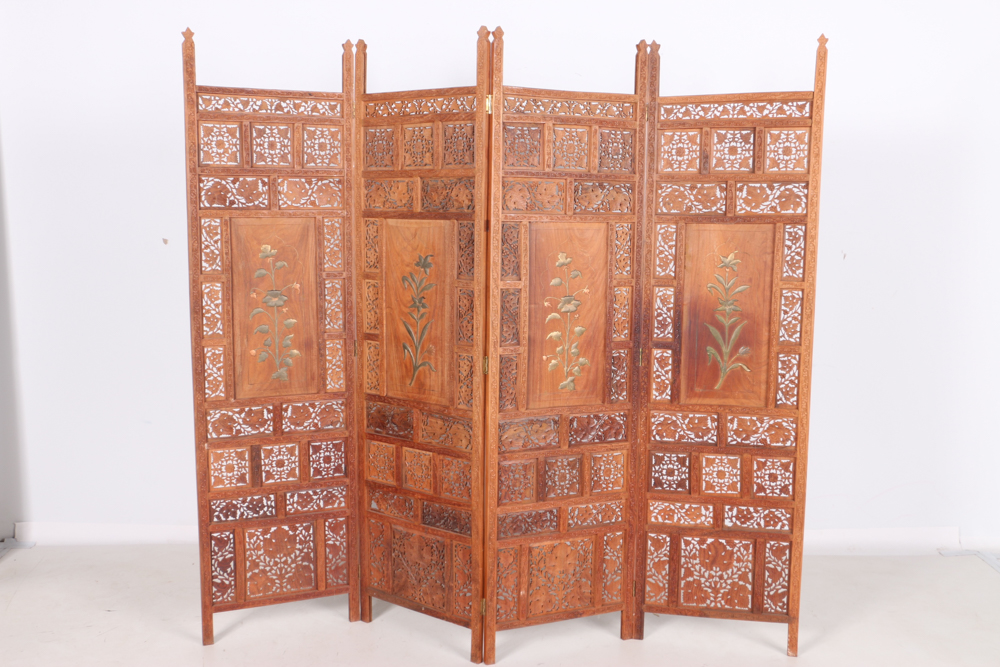 Indian Carved Wood Folding Screen