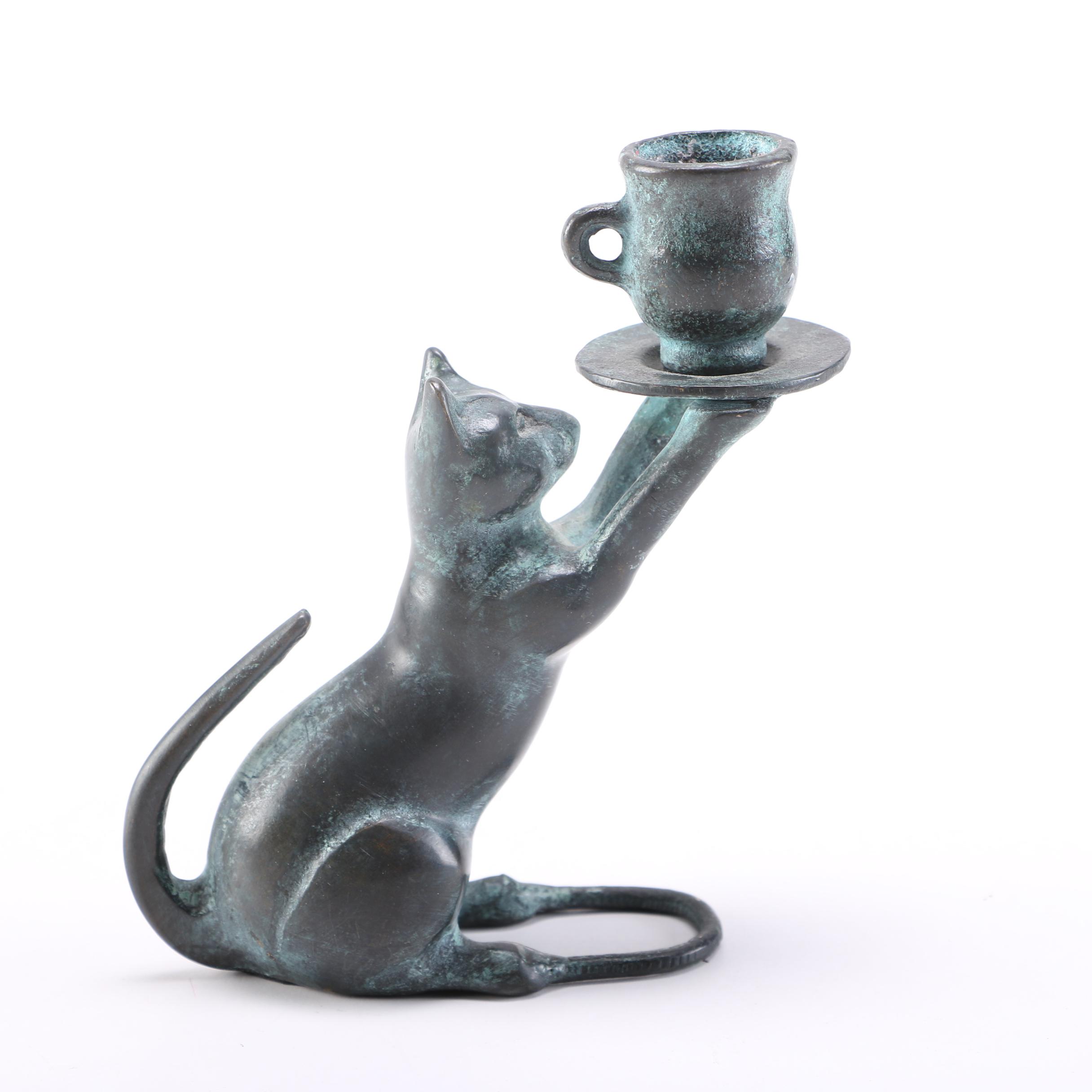 Bronze Cat Candlestick Holder