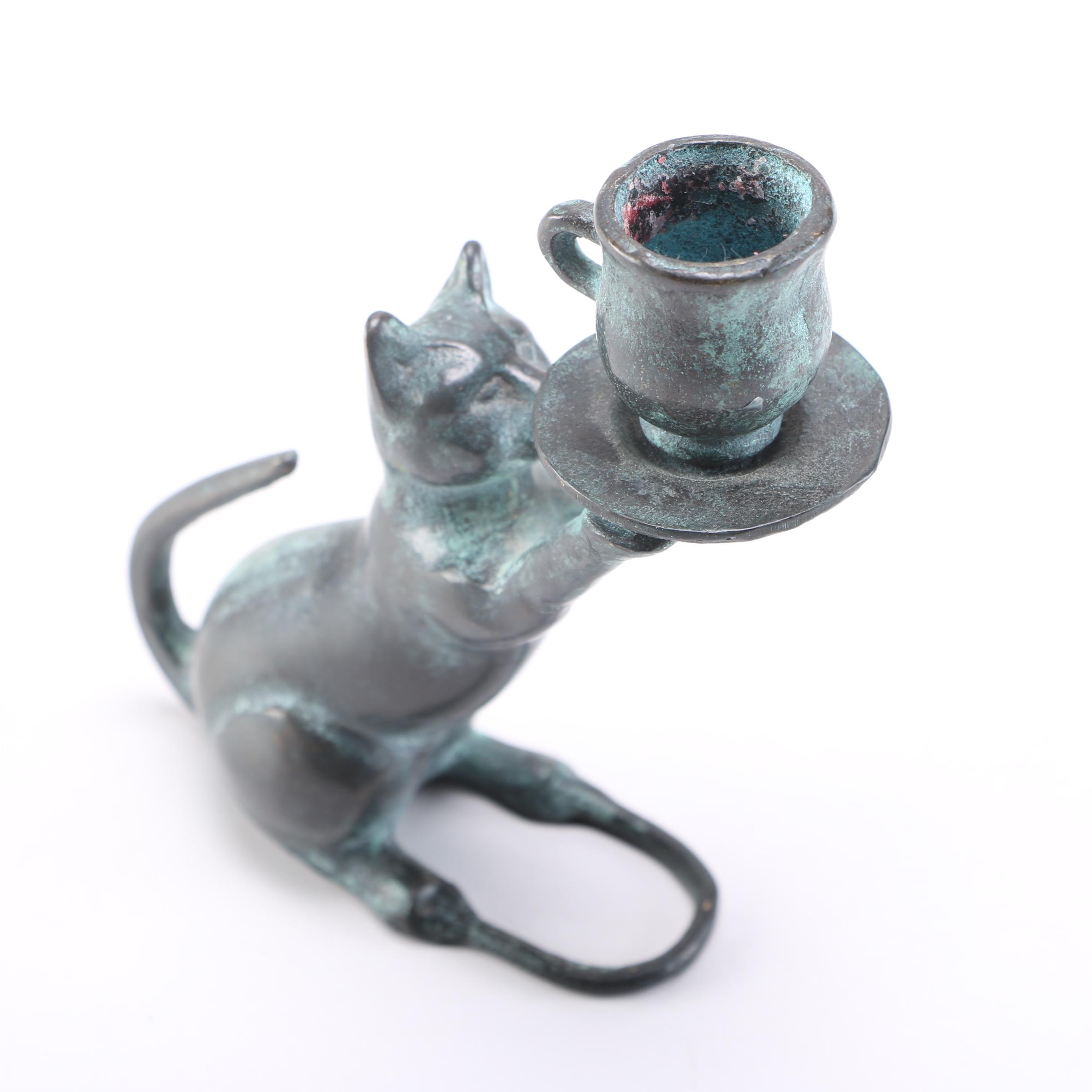 Bronze Cat Candlestick Holder