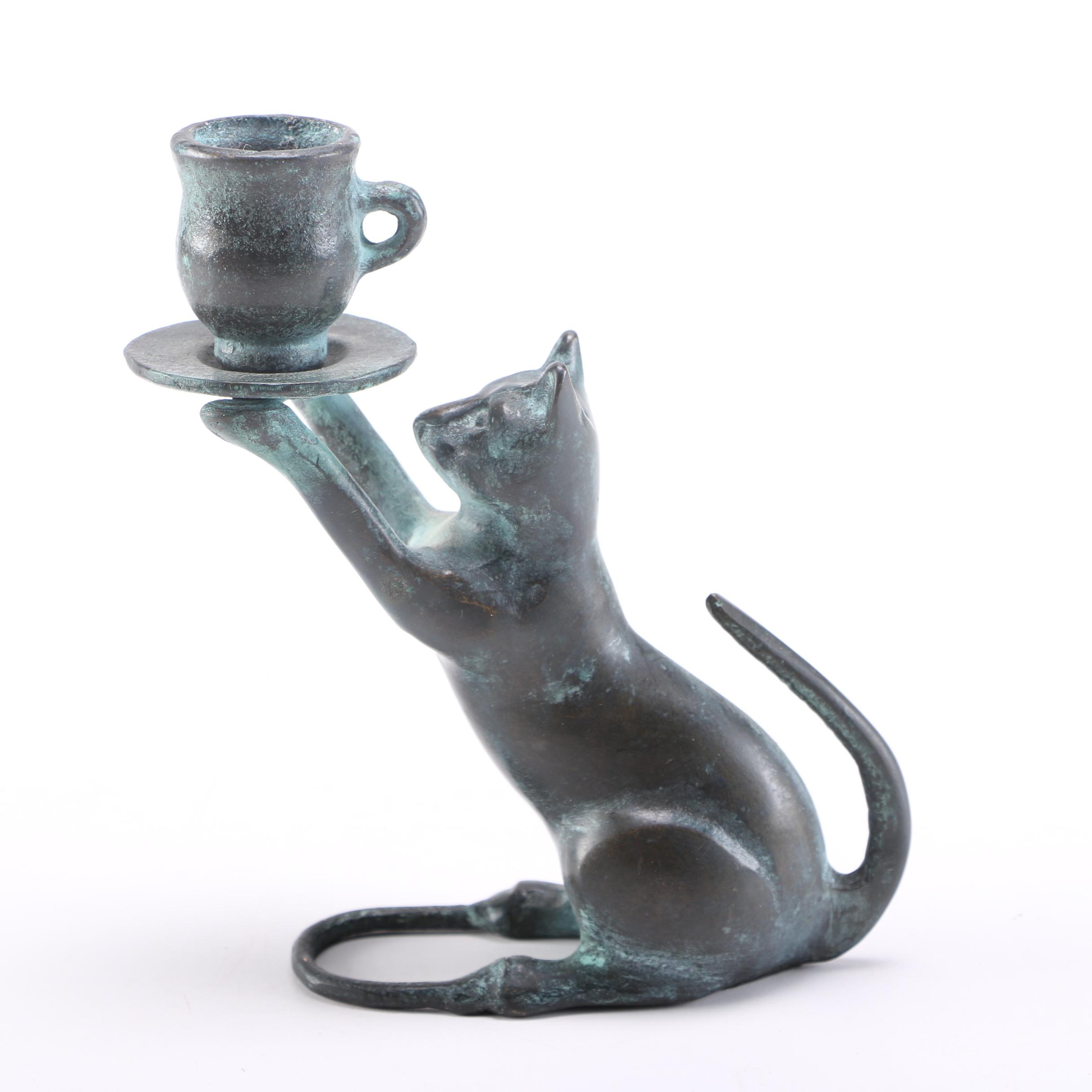 Bronze Cat Candlestick Holder