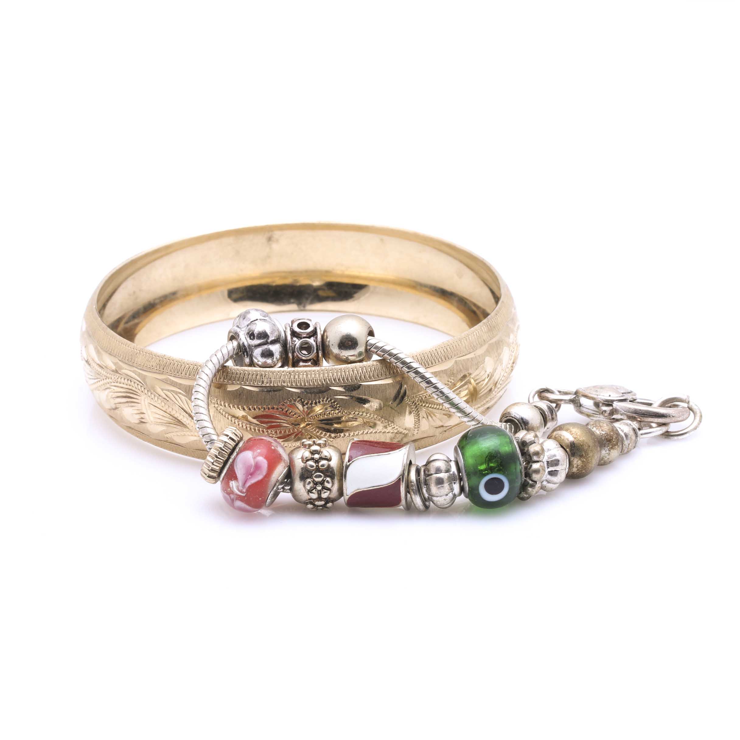 Gold Tone Floral Bangle and Bead Charm Bracelet