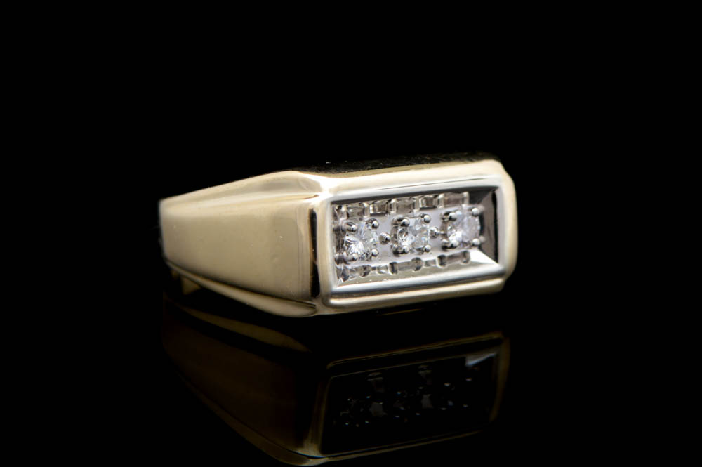 Mens 10K Two-Tone Gold and Three Diamond Ring