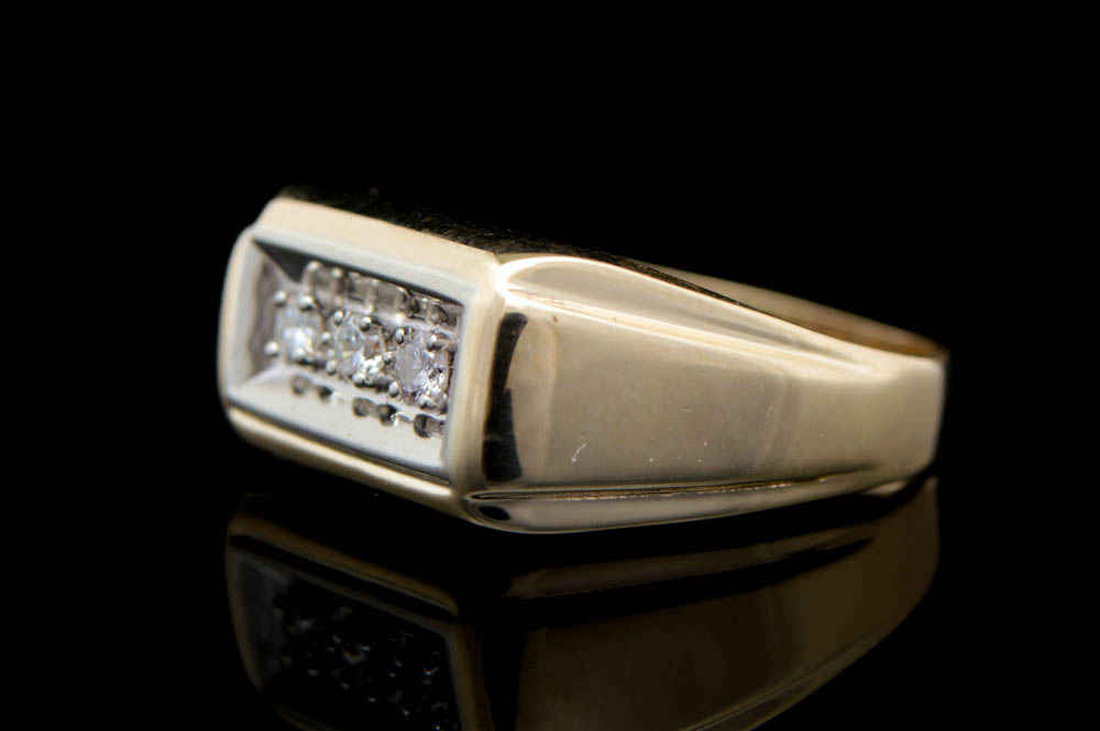 Mens 10K Two-Tone Gold and Three Diamond Ring