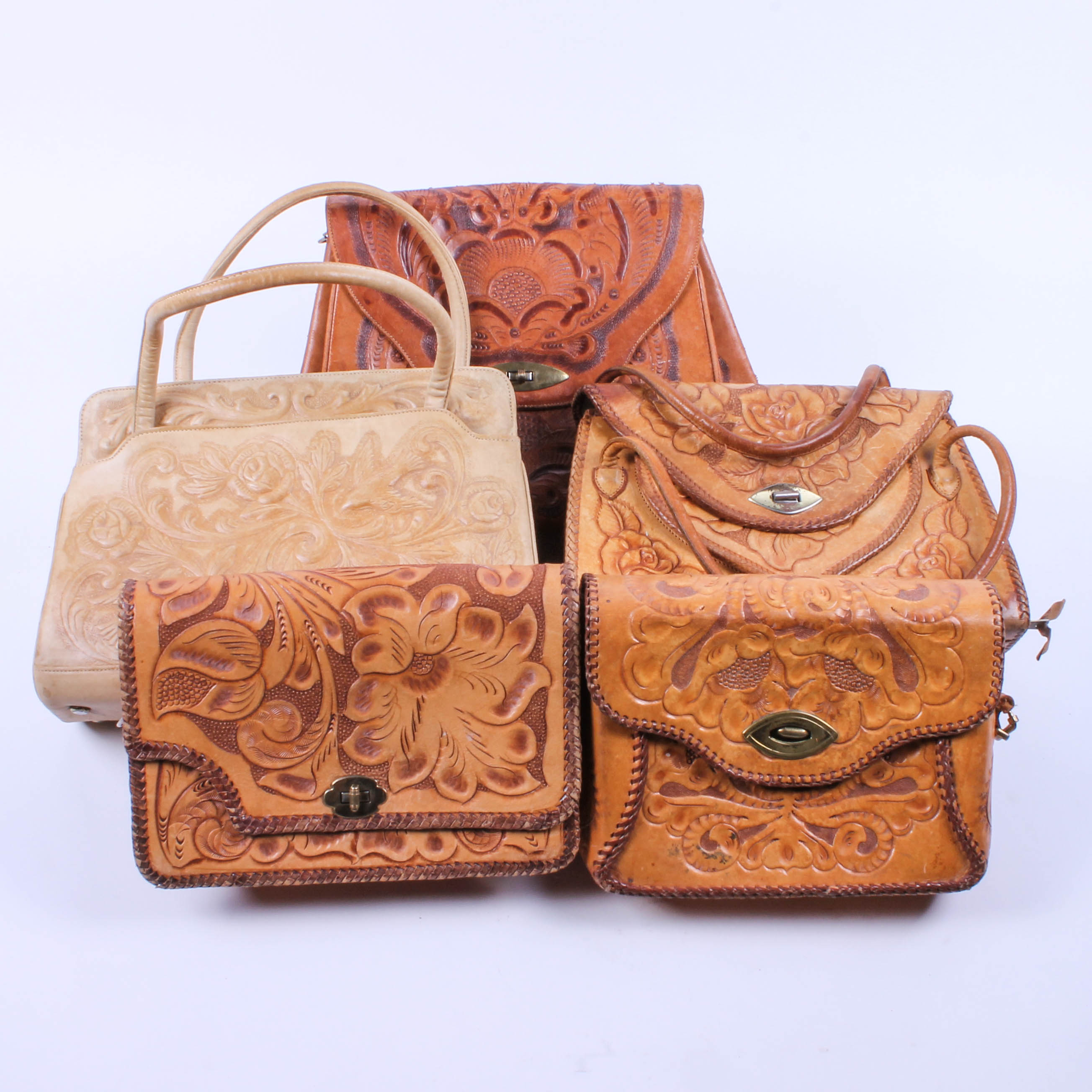 Five Vintage Hand-Tooled Leather Handbags