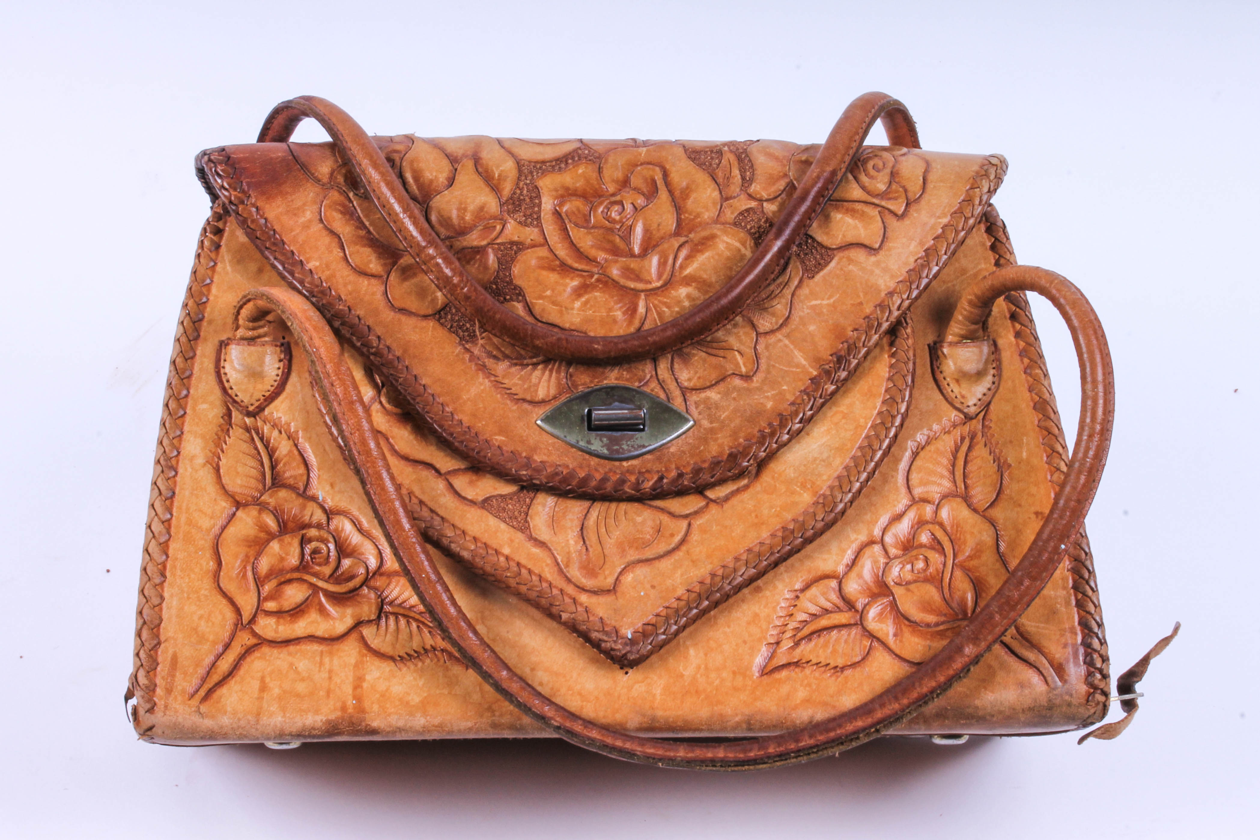 Five Vintage Hand-Tooled Leather Handbags