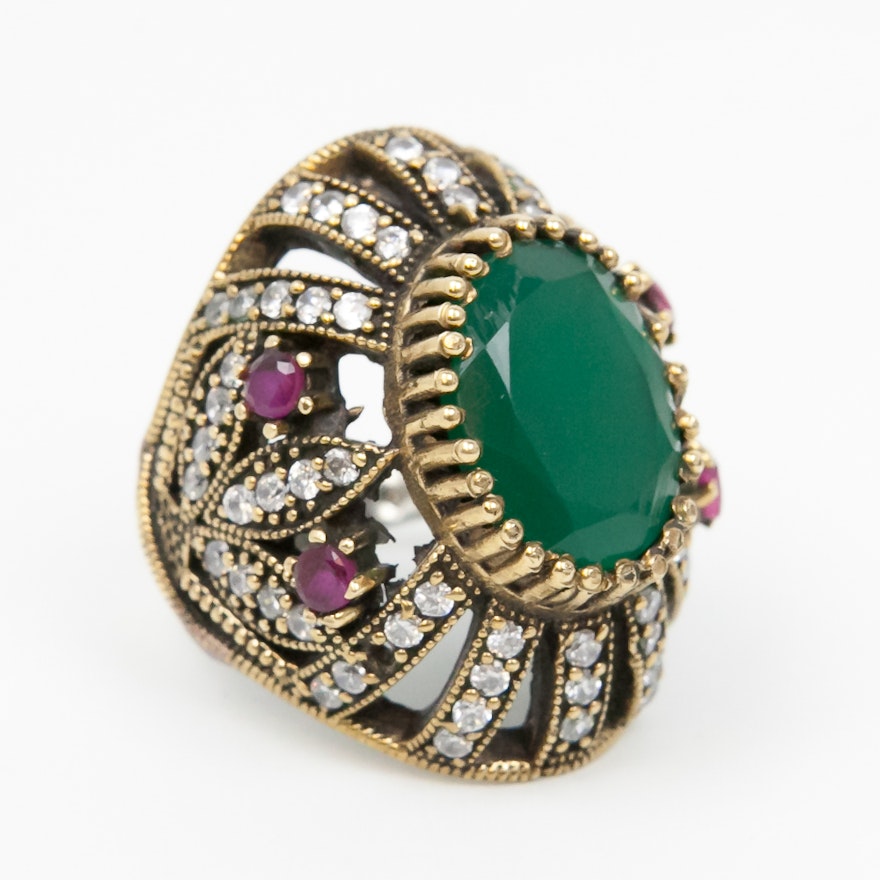 Sterling Silver and Green Carnelian Milgrain Statement Ring