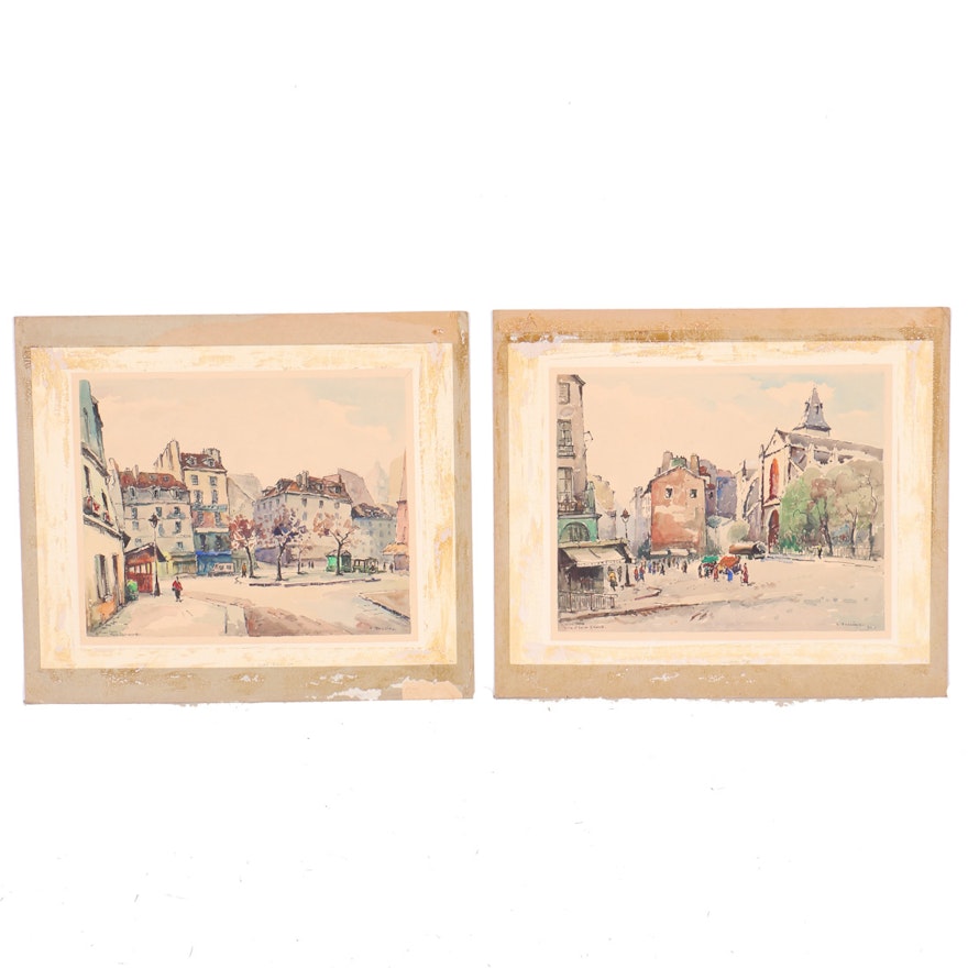 Early 20 Century Lucian Ducuing Watercolors of Parisian Street Scenes